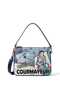 Borsa a spalla in pelle di colore azzurro chiaro con design grafici, che presenta fiocchi di neve, una foto e un'illustrazione di un personaggio. Finiture in metallo.