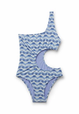 Blå og hvide mønstrede badedragt med én skulder, stort sideløb og asymmetrisk design.