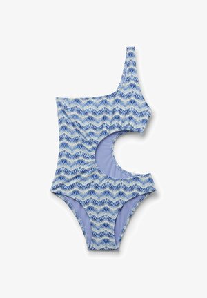 Blå og hvide mønstrede badedragt med én skulder, stort sideløb og asymmetrisk design.