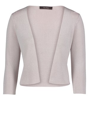 Cardigan gris clair ouvert sur le devant, manches trois-quarts, tissu tricoté texturé, étiquette "Vera Mont" à l'intérieur du col.