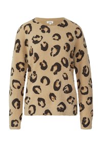 Beige trui gemaakt van zachte stof met een luipaardprint in donkerbruin en beige, met een ronde hals en lange mouwen.