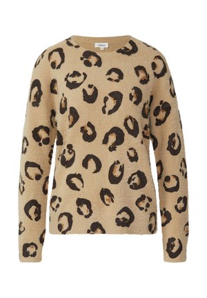 Beżowy sweter wykonany z miękkiego materiału, z leopardzim nadrukiem w ciemnobrązowym i jasnobrązowym kolorze, z okrągłym dekoltem i długimi rękawami.