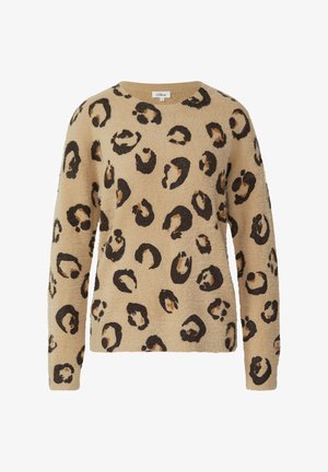 Beżowy sweter wykonany z miękkiego materiału, z leopardzim nadrukiem w ciemnobrązowym i jasnobrązowym kolorze, z okrągłym dekoltem i długimi rękawami.