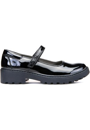 Chaussure Mary Jane en cuir verni noir avec un bout arrondi, une bride sur le coup de pied et une semelle en caoutchouc épaisse dotée d'un motif de semelle.