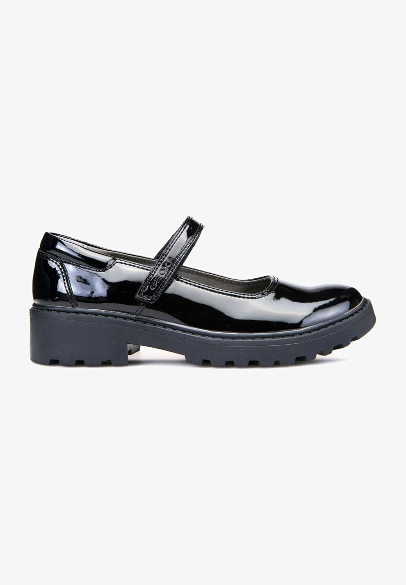 Scarpa Mary Jane in pelle verniciata nera con punta arrotondata, cinturino sul collo del piede e suola in gomma spessa con design a battistrada.