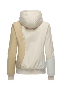 Beige and cream color-blocked jacket with a hood, featuring smooth, lightweight fabric and elastic cuffs for a fitted design.