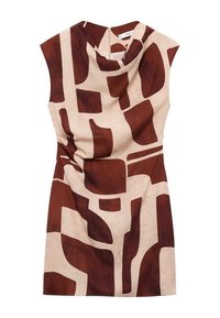 Rochie fără mâneci, în nuanțe de bej și maro, cu un model geometric abstract. Materialul pare neted, cu un decolteu ușor drapat.