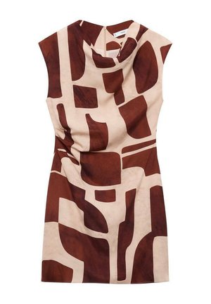 Robe sans manches en beige et marron, présentant un motif géométrique abstrait. Le tissu semble lisse avec un décolleté légèrement drapé.
