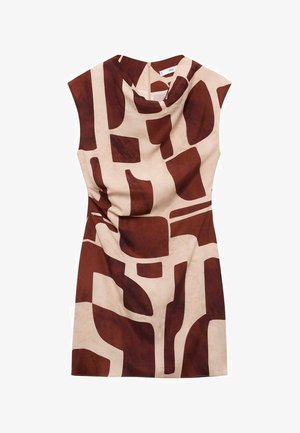 Hihaton mekko vaaleassa ja ruskeassa, jossa on abstrakti geometrinen kuvio. Kangas näyttää sileältä ja siinä on hieman laskostettu pääntie.