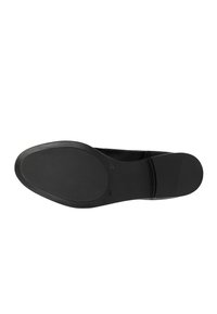 Schwarze flache Schuhe mit einer glatten, matten Oberfläche, runder Zehenpartie und einer flexiblen Gummisohle, die für Komfort und Stabilität ausgelegt ist.
