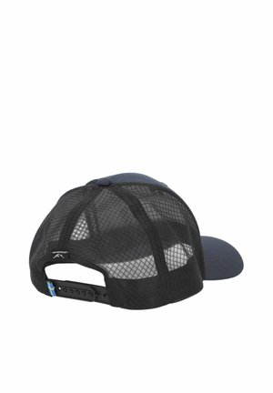 Mesh-back navy blue baseball cap with adjustable snap closure featuring a small Swedish flag tab on the strap.