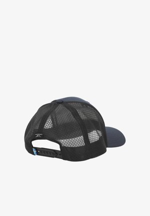 Mesh-back navy blue baseball cap with adjustable snap closure featuring a small Swedish flag tab on the strap.