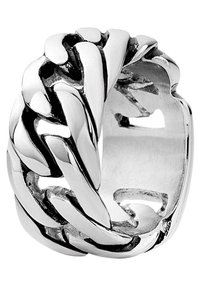 Sterling zilveren ring met een gevlochten ontwerp, gladde, reflecterende oppervlakken en een open ruimte aan de achterkant voor ademend vermogen.