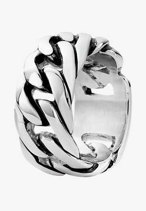 Sterling zilveren ring met een gevlochten ontwerp, gladde, reflecterende oppervlakken en een open ruimte aan de achterkant voor ademend vermogen.