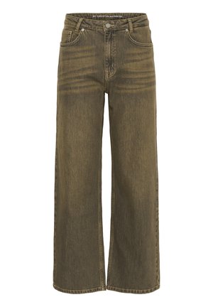 Wide-leg jeans in olive green denim, featuring a classic five-pocket design, button closure, and slight fading for texture.