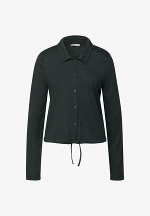Dark green long-sleeve shirt with a collar, button-down front, and adjustable drawstring hem. Made from a soft, lightweight material.