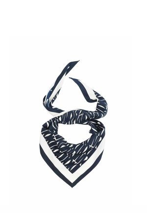 Silk scarf with a navy blue and white abstract pattern, folded and tied in a loose knot on a white background.