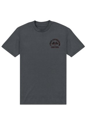 Mørkegrå T-shirt med korte ærmer og et lille brystlogo, der viser krydsede ternede flag og teksten "Liquid Engineering Castrol."