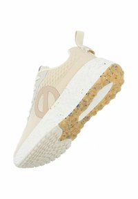 Beige Sport Schuh mit strukturiertem Strickobermaterial, Gummisohle und bunten, gesprenkelten Akzenten an der Zwischensohle. Verfügt über ein minimalistisches Branding-Detail.