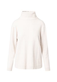 Cream turtleneck sweater made of textured fabric, featuring a grid pattern, dropped shoulders, and ribbed hem and cuffs.