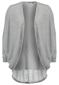 Cardigan grigio chiaro realizzato in morbido materiale a maglia. Presenta un design aperto davanti con maniche ampie e un orlo posteriore più lungo. Senza motivi o accenti.
