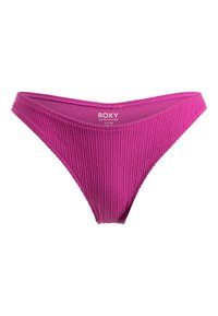 Fuchsia pink bikini bottom with ribbed texture, a low-rise cut, and stitched edges. Features a brand label on the inside.