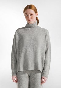 Hellgrauer Rollkragenpullover aus einem weichen, strukturierten Stoff mit legerer Passform. Verfügt über gerippte Bündchen und Saum, kombiniert mit passenden Hosen.
