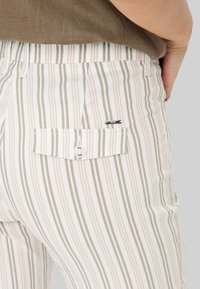 Gestreepte broek met een mix van zachte roze en groene lijnen, voorzien van een achterzak en een metallic logo-tag. De stof heeft een gladde textuur.