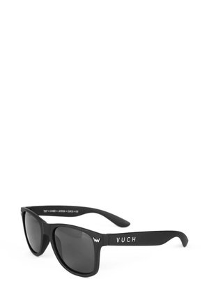 Black sunglasses with matte finish, rectangular shape, dark lenses, and white "VUCH" logo on the arm. Designed for UV protection.