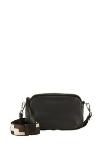 Borsa a tracolla nera in pelle con finitura testurizzata, chiusura con zip e tracolla rimovibile con un motivo geometrico marrone e crema.