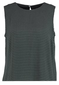 Ärmlös topp i mörkgrön tyg med ett subtilt mönster av vita prickar, rund halsringning och en nyckelhålsrygg med knappr detalj.