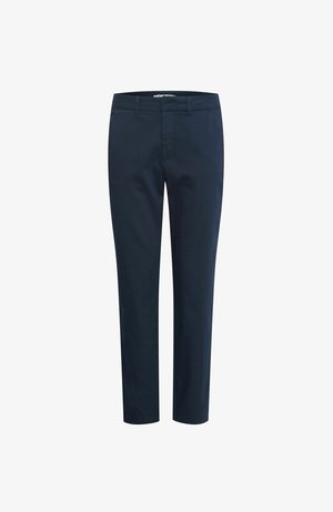 Marineblå chinos lavet af bomuld, med flad front, bæltestropper og sidelommer. Slim fit med lige ben, der slutter lige over anklen.