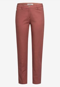 Light red, straight-leg trousers made from cotton blend fabric. Features a button closure and zippered pockets on the sides.