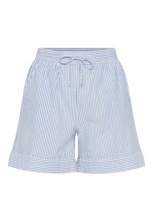 Light blue and white striped shorts with an elastic waistband, drawstring tie, and folded cuffs. Made from soft fabric with a relaxed fit.