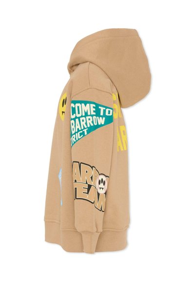 Felpa con cappuccio beige con tasca frontale, cappuccio con cordoncino e varie grafiche in giallo, turchese e nero, tra cui testo e icone.