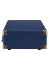 Blue textured suitcase with brass corners and accents. Square shape with smooth surface and rounded edges. No visible hardware or patterns.