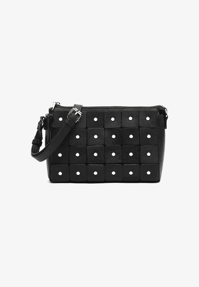 Black leather bag with a rectangular shape, featuring square patches and round perforations. Adjustable strap and zippered closure.