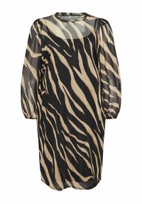 Läpinäkyvä kangasmekko, jossa on musta ja tan zebra raidallinen kuosi, pyöreä kaula-aukko ja puffi hihat. Väljä malli.