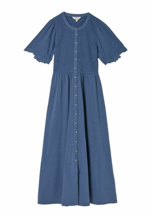 Blaues Kleid mit kurzen, ausgestellten Ärmeln und gerafftem Oberteil. Es hat Knöpfe vorne und einen weiten, fließenden Rock. Weiche Stoffstruktur.