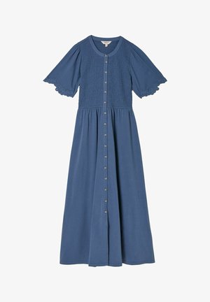 Blue dress with short, flared sleeves and smocked bodice. It features buttons down the front and a full, flowing skirt. Soft fabric texture.