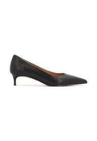 Črne usnjene ženske čevlje s koničastim nosom in elegantnim kitten peto. Gladka tekstura, minimalističen dizajn in subtilna, klasična silhueta.