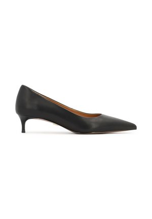Črne usnjene ženske čevlje s koničastim nosom in elegantnim kitten peto. Gladka tekstura, minimalističen dizajn in subtilna, klasična silhueta.