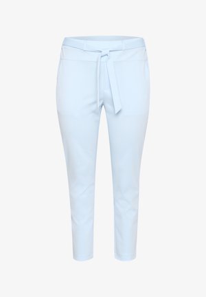Lysblå bukser lavet af blødt stof, med belagt talje, lige ben-design og glat tekstur. Ingen synlige lommer.