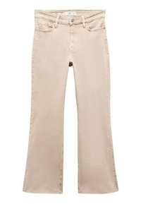 Beige leveät farkut, jotka on valmistettu puuvillasekoitekankaasta. Niissä on vetoketjukiinnitys, nappikiinnitys ja etutaskut. Sujuva pinta, jossa on hieman joustoa.