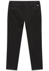 Schwarze Slim-Fit-Hosen mit zwei geknöpften Gesäßtaschen und einem kleinen Metall-Logotag an der rechten Tasche.