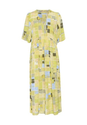 Rochie cu mânecă scurtă, de culoare galben pastel, cu un model geometric de pătrate în verde, albastru și bej; dispune de un decolteu în V și talie strânsă.