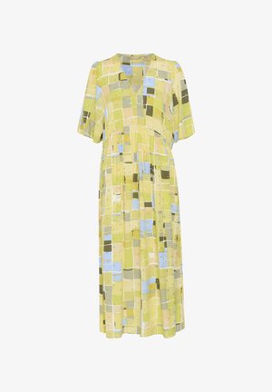 Kratka obleka s kratkimi rokavi v pastelno rumeni barvi z geometrijskim vzorcem kvadratov v zeleni, modri in bež; ima V-izrez in nabran pas.