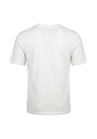 Απλό λευκό βαμβακερό t-shirt με κοντά μανίκια, εμφανιζόμενο από πίσω σε λευκό φόντο, με στρογγυλή λαιμόκοψη και κανονική εφαρμογή.