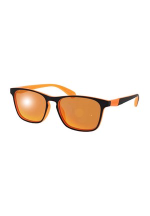 Schwarz-orange rechteckige Sonnenbrille mit orange getönten Gläsern und schlanken Bügeln, vor weißem Hintergrund gezeigt.