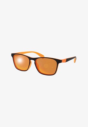 Schwarz-orange rechteckige Sonnenbrille mit orange getönten Gläsern und schlanken Bügeln, vor weißem Hintergrund gezeigt.